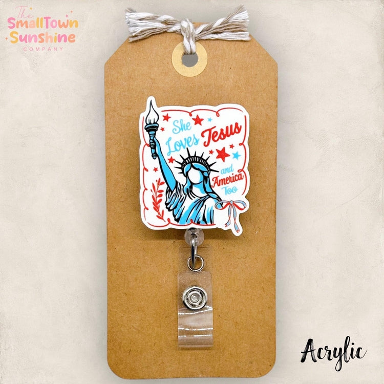 She Loves Jesus & America Retractable Badge Reel: ID Holder, Name Tag, Topper, Coworker Gift, Lanyard, MRI Safe, Heavy Duty Option | ACRYLIC