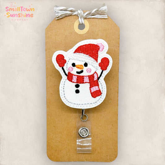 Red & Pink Snowman Retractable Badge Reel: Winter ID Holder, Name Tag, Topper, Coworker Gift, Lanyard, MRI Safe, Heavy Duty Option | GLITTER