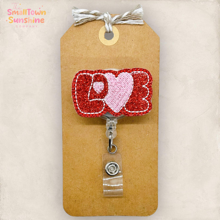 Love Retractable Badge Reel: Valentine ID Holder, Name Tag, Topper, Coworker Gift, Lanyard, MRI Safe, Heavy Duty Options | GLITTER