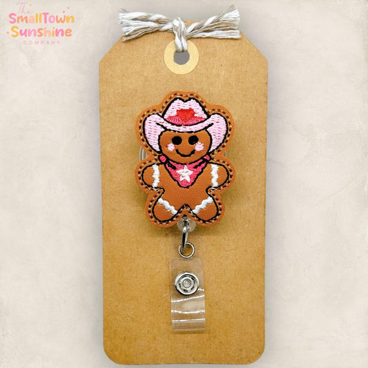 Pink Cowboy Gingerbread Retractable Badge Reel: Valentine ID Holder, Name Tag, Topper, Coworker Gift, Lanyard, MRI Safe, Heavy Duty Options