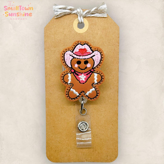 Pink Cowboy Gingerbread Retractable Badge Reel: Valentine ID Holder, Name Tag, Topper, Coworker Gift, Lanyard, MRI Safe, Heavy Duty Options
