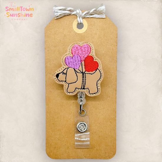 Dog with Balloons Retractable Badge Reel: Valentine ID Holder, Name Tag, Topper, Coworker Gift, Lanyard, MRI Safe, Heavy Duty Options