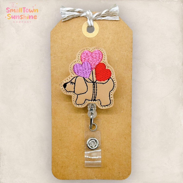 Dog with Balloons Retractable Badge Reel: Valentine ID Holder, Name Tag, Topper, Coworker Gift, Lanyard, MRI Safe, Heavy Duty Options