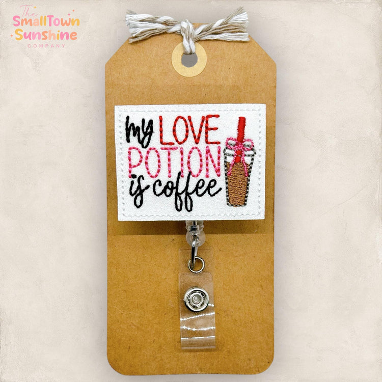 My Love Potion is Coffee Retractable Badge Reel: Valentines Day ID Holder, Name Tag, Topper, Lanyard, MRI Safe, Heavy Duty Options | GLITTER