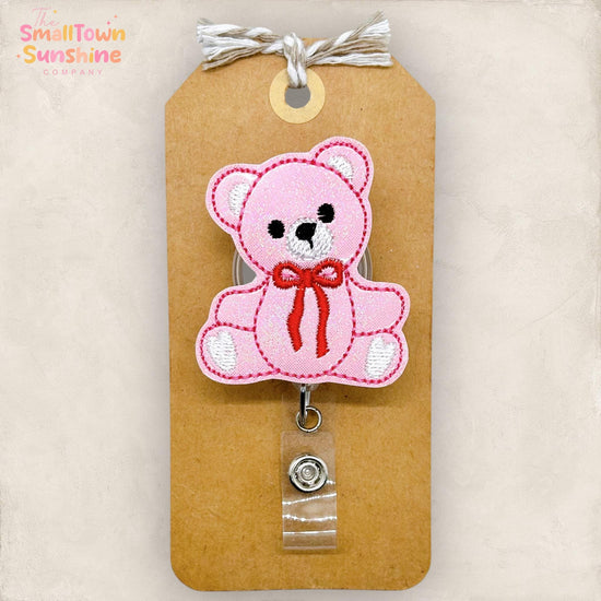 Pink Teddy Bear Retractable Badge Reel: Valentine ID Holder, Name Tag, Topper, Coworker Gift, Lanyard, MRI Safe, Heavy Duty Options