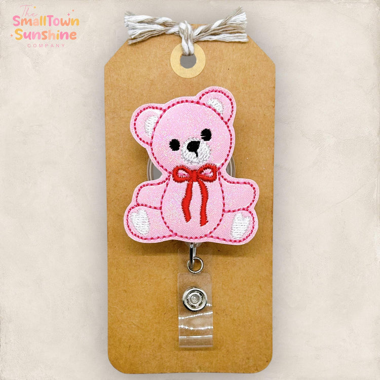 Pink Teddy Bear Retractable Badge Reel: Valentine ID Holder, Name Tag, Topper, Coworker Gift, Lanyard, MRI Safe, Heavy Duty Options