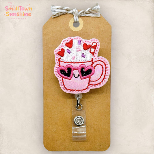 Pink Heart Mug Badge Reel: Valentine Coffee ID Holder, Name Tag, Topper, Coworker Gift, Lanyard, MRI Safe, Heavy Duty Options