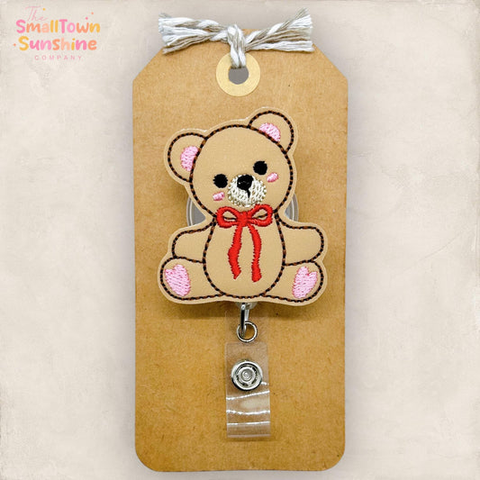 Brown Teddy Bear Retractable Badge Reel: Valentine ID Holder, Name Tag, Topper, Coworker Gift, Lanyard, MRI Safe, Heavy Duty Options