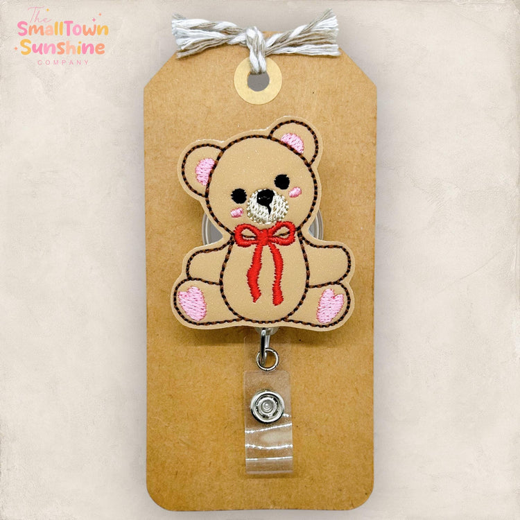 Brown Teddy Bear Retractable Badge Reel: Valentine ID Holder, Name Tag, Topper, Coworker Gift, Lanyard, MRI Safe, Heavy Duty Options