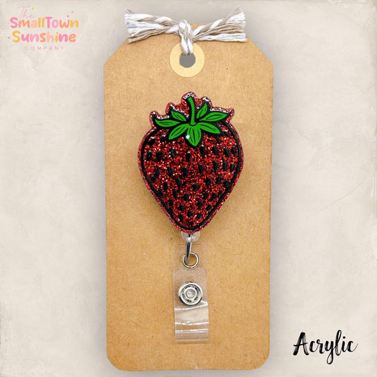 Strawberry Badge Reel, Fruit Badge Clip, Nurse Name Tag, Teacher Lanyard, Coworker Gift, Name Tag, Retractable ID Holder | ACRYLIC GLITTER