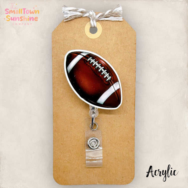 Football Retractable Badge Reel: Sports ID Holder, Name Tag, Topper, Coworker Gift, MRI Safe, Heavy Duty Options | ACRYLIC