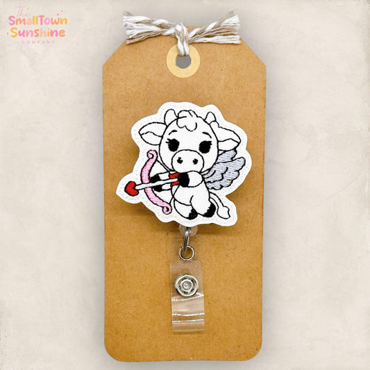 Cupid Cow Retractable Badge Reel: Valentine ID Holder, Name Tag, Topper, Coworker Gift, Lanyard, MRI Safe, Heavy Duty Options | GLITTER