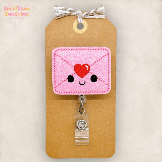 Love Letter Retractable Badge Reel: Valentine ID Holder, Name Tag, Topper, Coworker Gift, Lanyard, MRI Safe, Heavy Duty Options | GLITTER