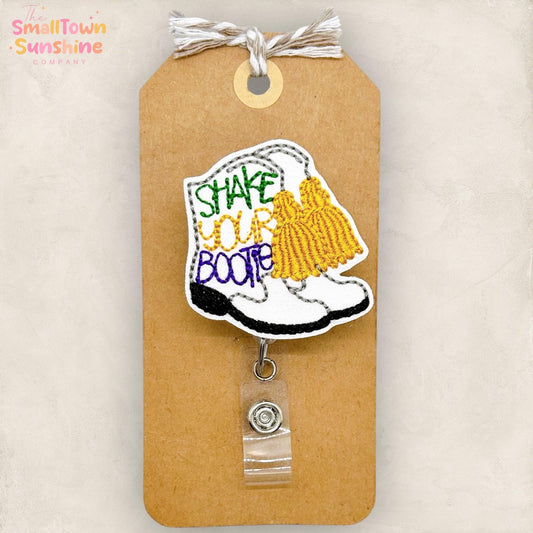 Shake Your Bootie Retractable Badge Reel: Mardi Gras ID Holder, Name Tag, Topper, Coworker Gift, MRI Safe, Heavy Duty Options| GLITTER