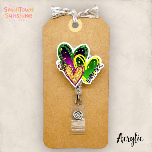 Mardi Gras Hearts Retractable Badge Reel: NOLA Id Holder, Name Tag, Topper, Coworker Gift, Lanyard, MRI Safe, Heavy Duty Options | ACRYLIC