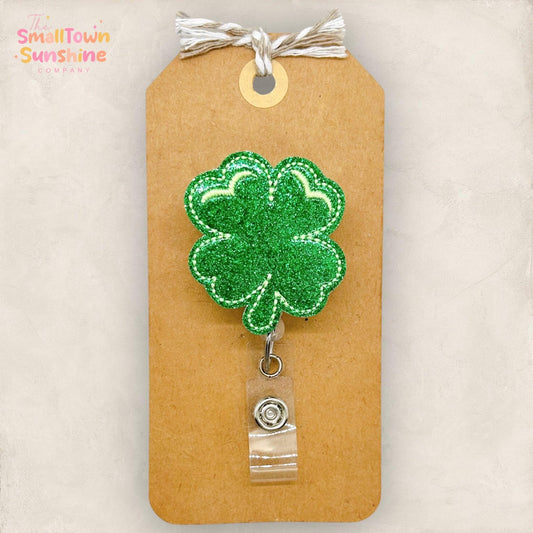 Four Leaf Clover Retractable Badge Reel: St Patrick ID Holder, Name Tag, Topper, Coworker Gift, MRI Safe, Heavy Duty Options | GLITTER
