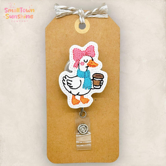 Winter Coffee Goose Retractable Badge Reel: ID Holder, Name Tag, Topper, Coworker Gift, Lanyard, MRI Safe, Heavy Duty Options | GLITTER