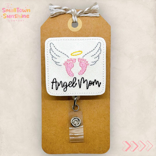 Angel Mom Retractable Badge Reel: Infancy Pregnancy Loss ID Holder, Name Tag, Topper, Coworker Gift, MRI Safe, Heavy Duty Options | GLITTER