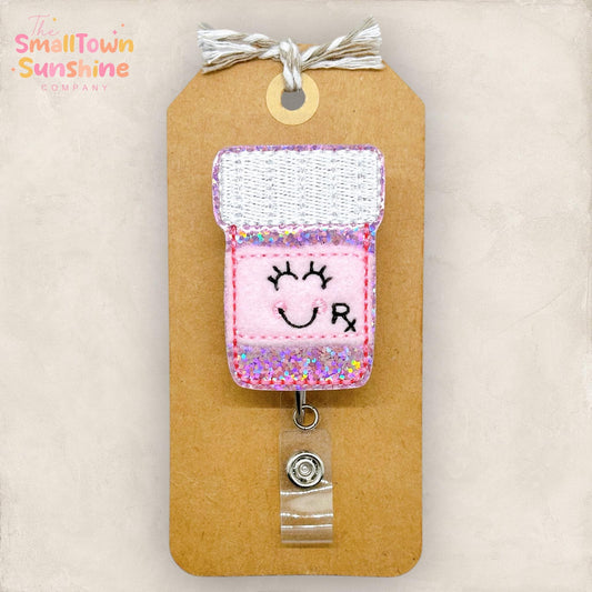 Pink Pill Bottle Retractable Badge Reel: Pharmacy Tech ID Holder, Name Tag, Topper, Coworker Gift, Lanyard, MRI Safe, Heavy Duty Options
