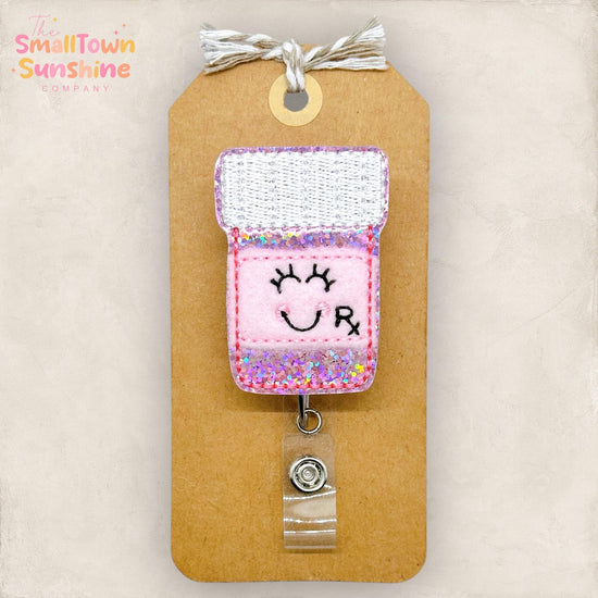 Pink Pill Bottle Retractable Badge Reel: Pharmacy Tech ID Holder, Name Tag, Topper, Coworker Gift, Lanyard, MRI Safe, Heavy Duty Options