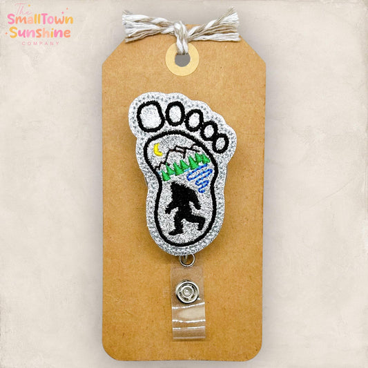 Bigfoot Foot Print Retractable Badge Reel: ID Holder, Name Tag, Topper, Coworker Gift, Lanyard, MRI Safe, Heavy Duty Options | GLITTER