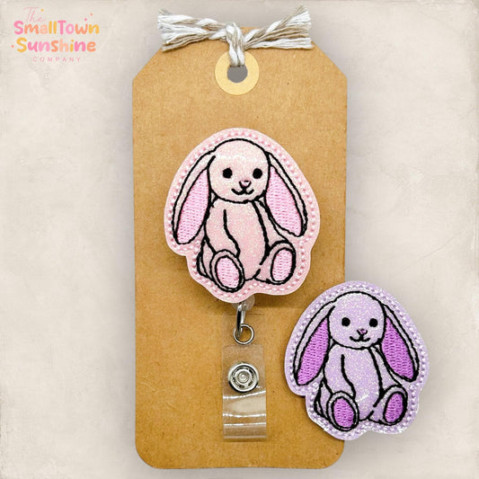 Stuffed Bunny Retractable Badge Reel: Easter ID Holder, Name Tag, Topper, Coworker Gift, Lanyard, MRI Safe, Heavy Duty Options | GLITTER