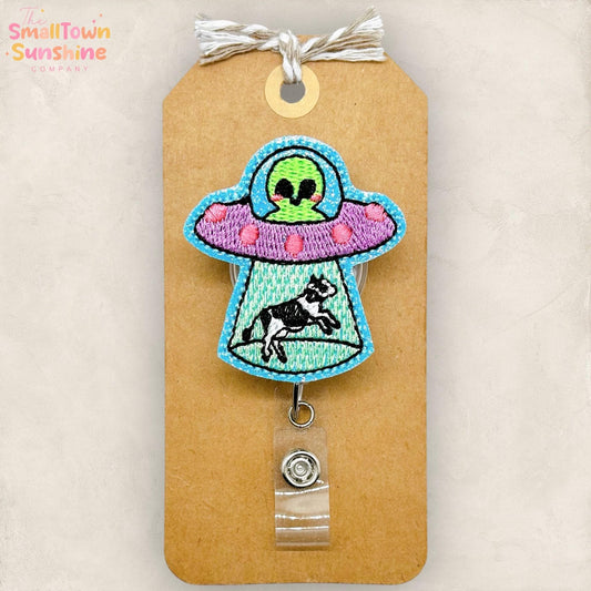 UFO with Cow Retractable Badge Reel: Alien Id Holder, Name Tag, Topper, Coworker Gift, Lanyard, MRI Safe, Heavy Duty Options | GLITTER