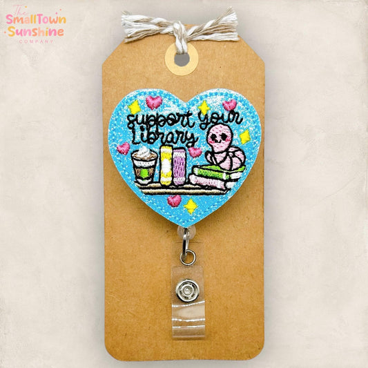 Support Your Library Retractable Badge Reel: Bookworm ID Holder, Name Tag, Topper, Coworker Gift, Lanyard, MRI Safe, Heavy Duty | GLITTER