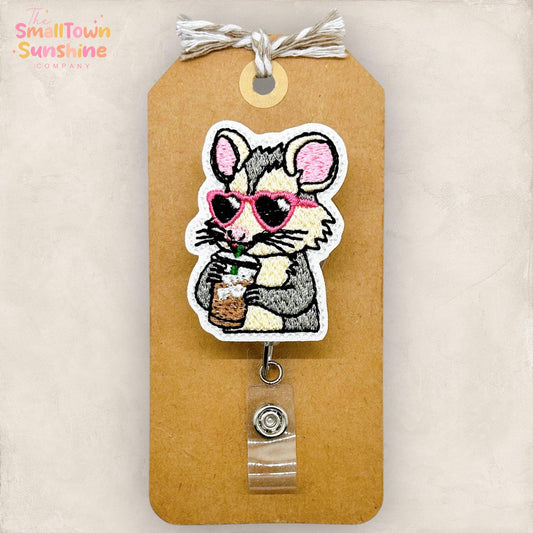 Opossum Iced Coffee Retractable Badge Reel: Animal ID Holder, Name Tag, Topper, Coworker Gift, MRI Safe, Heavy Duty Options | GLITTER
