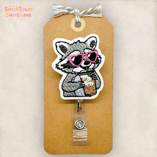 Raccoon Iced Coffee Retractable Badge Reel: Animal ID Holder, Name Tag, Topper, Coworker Gift, MRI Safe, Heavy Duty Options | GLITTER