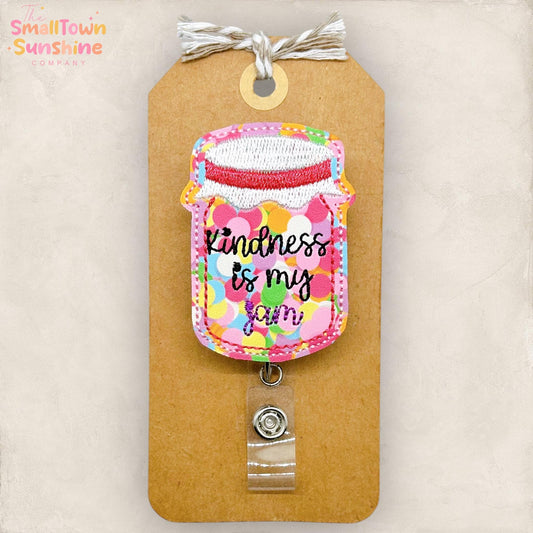 Kindness is My Jam Retractable Badge Reel: ID Holder, Swappable Name Tag, Topper, Coworker Gift, Lanyard, MRI Safe, Heavy Duty | GLITTER