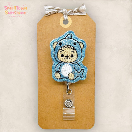 Teddy Bear Shark Retractable Badge Reel: Animal ID Holder, Name Tag, Topper, Coworker Gift, Lanyard, MRI Safe, Heavy Duty Options | GLITTER