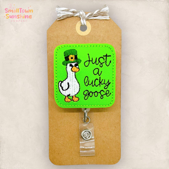 Just a Lucky Goose Retractable Badge Reel: St Patrick’s Day ID Holder, Name Tag, Topper, Coworker Gift, Lanyard, MRI Safe, Heavy Duty Option
