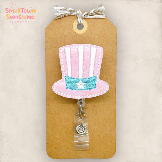 Uncle Sam Hat Retractable Badge Reel: Pastel Patriotic ID Holder, Name Tag, Topper, Coworker Gift, Lanyard, MRI Safe, Heavy Duty Options