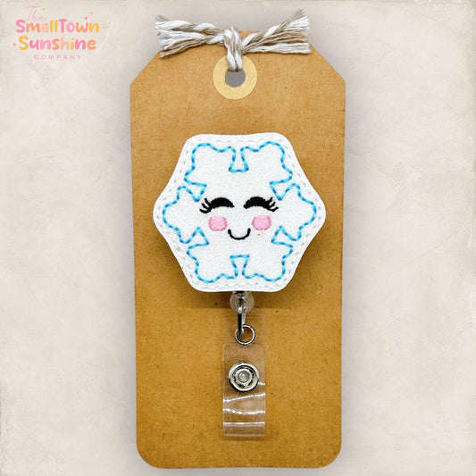 Pretty Snowflake Retractable Badge Reel: Winter ID Holder, Name Tag, Swappable Topper, Lanyard, MRI Safe, Heavy Duty Options | GLITTER