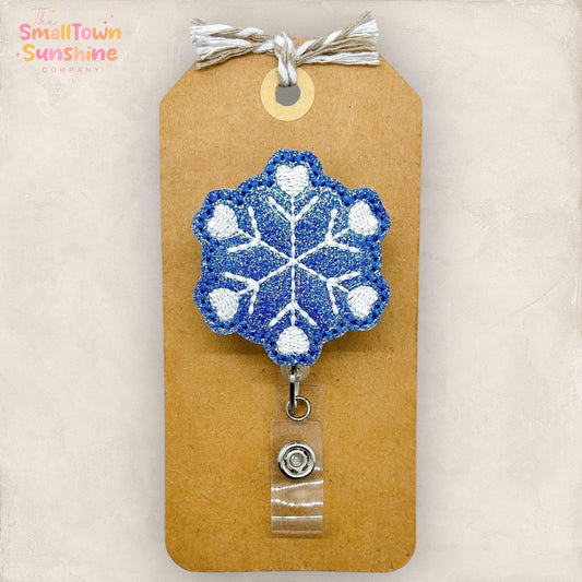 Blue Snowflake Retractable Badge Reel: Winter ID Holder, Name Tag, Swappable Topper, Lanyard, MRI Safe, Heavy Duty Options | GLITTER