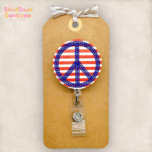Patriotic Peace Sign Retractable Badge Reel: America ID Holder, Name Tag, Topper, Coworker Gift, Lanyard, MRI Safe, Heavy Duty Options