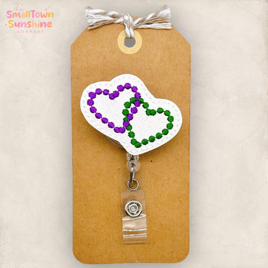 Bead Hearts Retractable Badge Reel: Mardi Gras ID Holder, Name Tag, Topper, Coworker Gift, Lanyard, MRI Safe, Heavy Duty Options| GLITTER