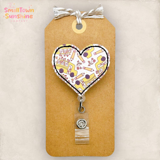 Vintage School Bus Heart Retractable Badge Reel: Bus Duty ID Holder, Name Tag, Topper, Coworker Gift, Lanyard, MRI Safe, Heavy Duty Options