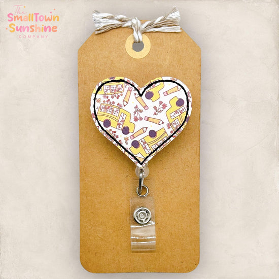 Vintage School Bus Heart Retractable Badge Reel: Bus Duty ID Holder, Name Tag, Topper, Coworker Gift, Lanyard, MRI Safe, Heavy Duty Options
