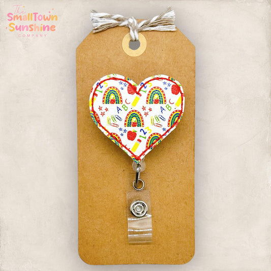 ABC Rainbow Heart Retractable Badge Reel: School ID Holder, Name Tag, Topper, Coworker Gift, Lanyard, MRI Safe, Heavy Duty Options
