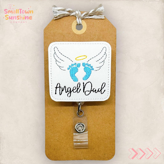 Angel Dad Retractable Badge Reel: Infancy Pregnancy Loss ID Holder, Name Tag, Topper, Coworker Gift, Lanyard, MRI Safe, Heavy Duty Options