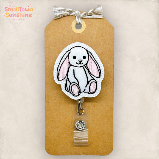 Stuffed Bunny Retractable Badge Reel: Easter ID Holder, Name Tag, Topper, Coworker Gift, Lanyard, MRI Safe, Heavy Duty Options | GLITTER