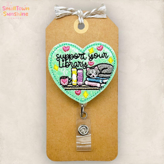 Support Your Library Retractable Badge Reel: Cat Nap ID Holder, Name Tag, Topper, Coworker Gift, Lanyard, MRI Safe, Heavy Duty | GLITTER
