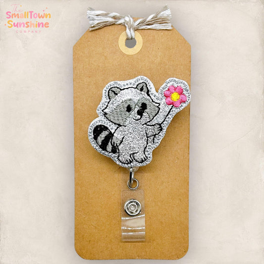 Raccoon with Flower Retractable Badge Reel: Cute Animal ID Holder, Name Tag, Topper, Coworker Gift, Lanyard, MRI Safe, Heavy Duty | GLITTER