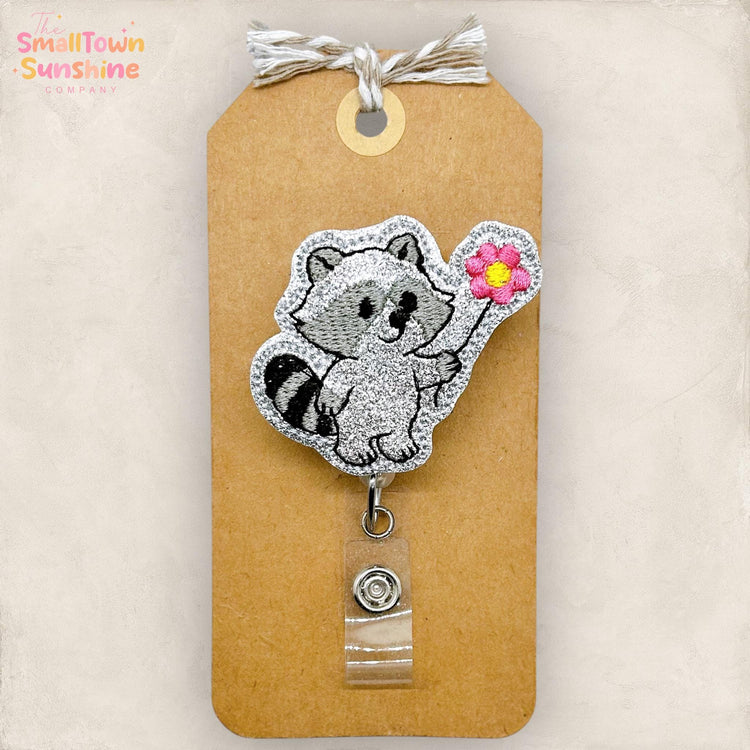 Raccoon with Flower Retractable Badge Reel: Cute Animal ID Holder, Name Tag, Topper, Coworker Gift, Lanyard, MRI Safe, Heavy Duty | GLITTER