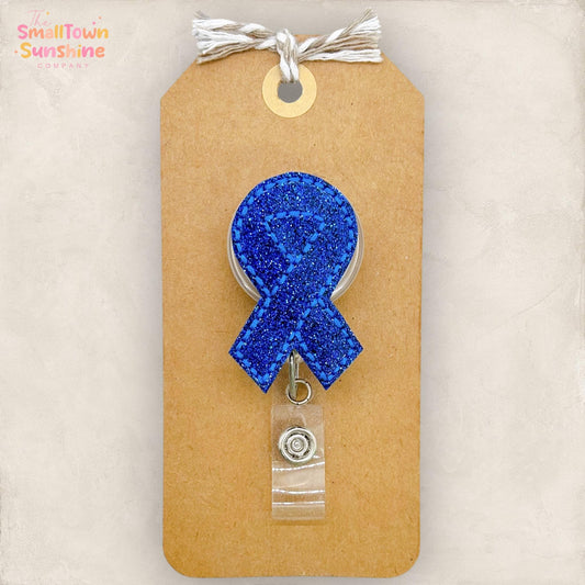 Colorectal Cancer Retractable Badge Reel: Awareness ID Holder, Name Tag, Topper, Coworker Gift, MRI Safe, Heavy Duty Options | GLITTER