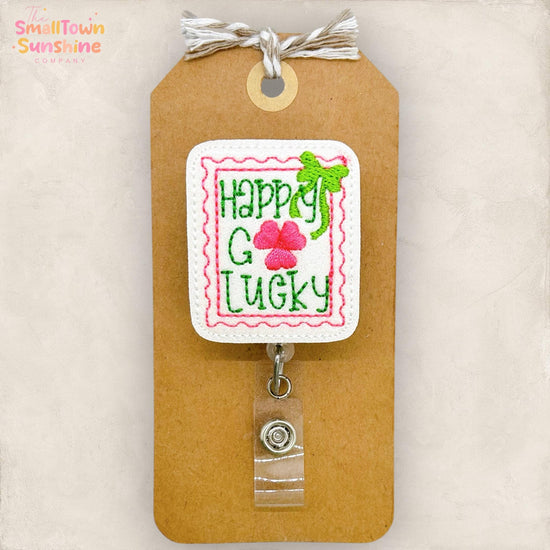 Happy Go Lucky Retractable Badge Reel: St Patrick Day ID Holder, Name Tag, Topper, Coworker Gift, Lanyard, MRI Safe, Heavy Duty | GLITTER