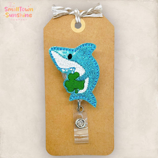 Shamrock Shark Retractable Badge Reel: St Patrick’s Day ID Holder, Name Tag, Topper, Coworker Gift, MRI Safe, Heavy Duty Options | GLITTER