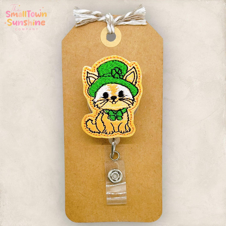 Leprechaun Tabby Cat Retractable Badge Reel: St Patrick’s Day ID Holder, Name Tag, Topper, Coworker Gift, MRI Safe, Heavy Duty Options